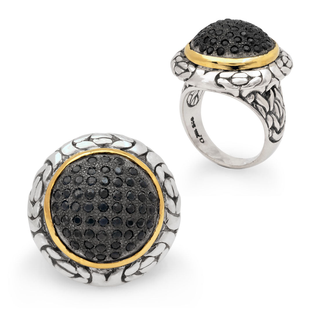 Silver &18 kt gold ring with black sapphire