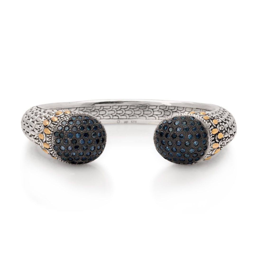 SBG193- BS Silver bangle bracelet with black sapphires on the ends