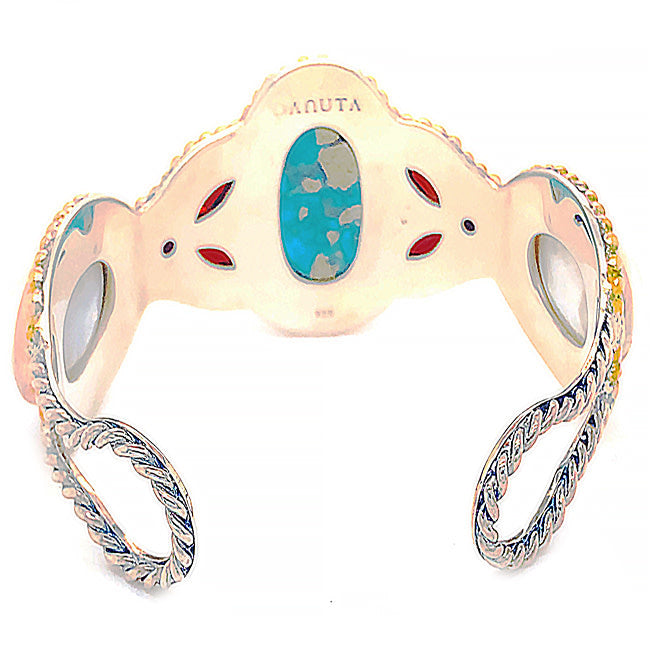 SRD104 Silver& 18 kt gold Bangled Bracelet with Persian Turquoise & Pearls & Garnets Silver