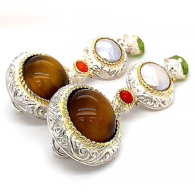 SETI 110 - Silver gold Tiger Eye Pearl & Peridot Silver Earrings