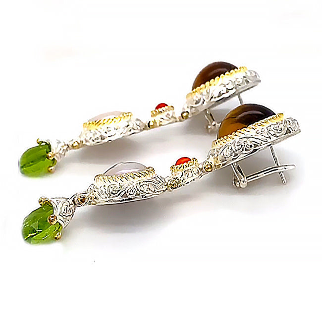 SETI 110 - Silver gold Tiger Eye Pearl & Peridot Silver Earrings