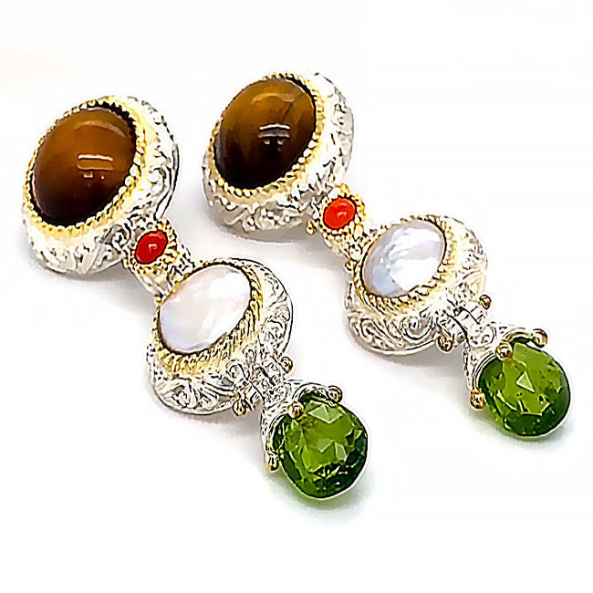 SETI 110 - Silver gold Tiger Eye Pearl & Peridot Silver Earrings