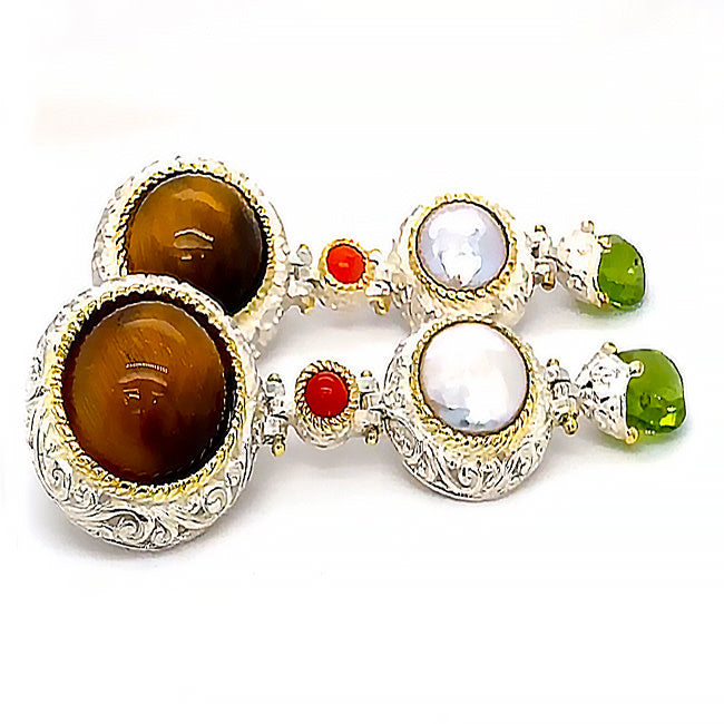 SETI 110 - Silver gold Tiger Eye Pearl & Peridot Silver Earrings