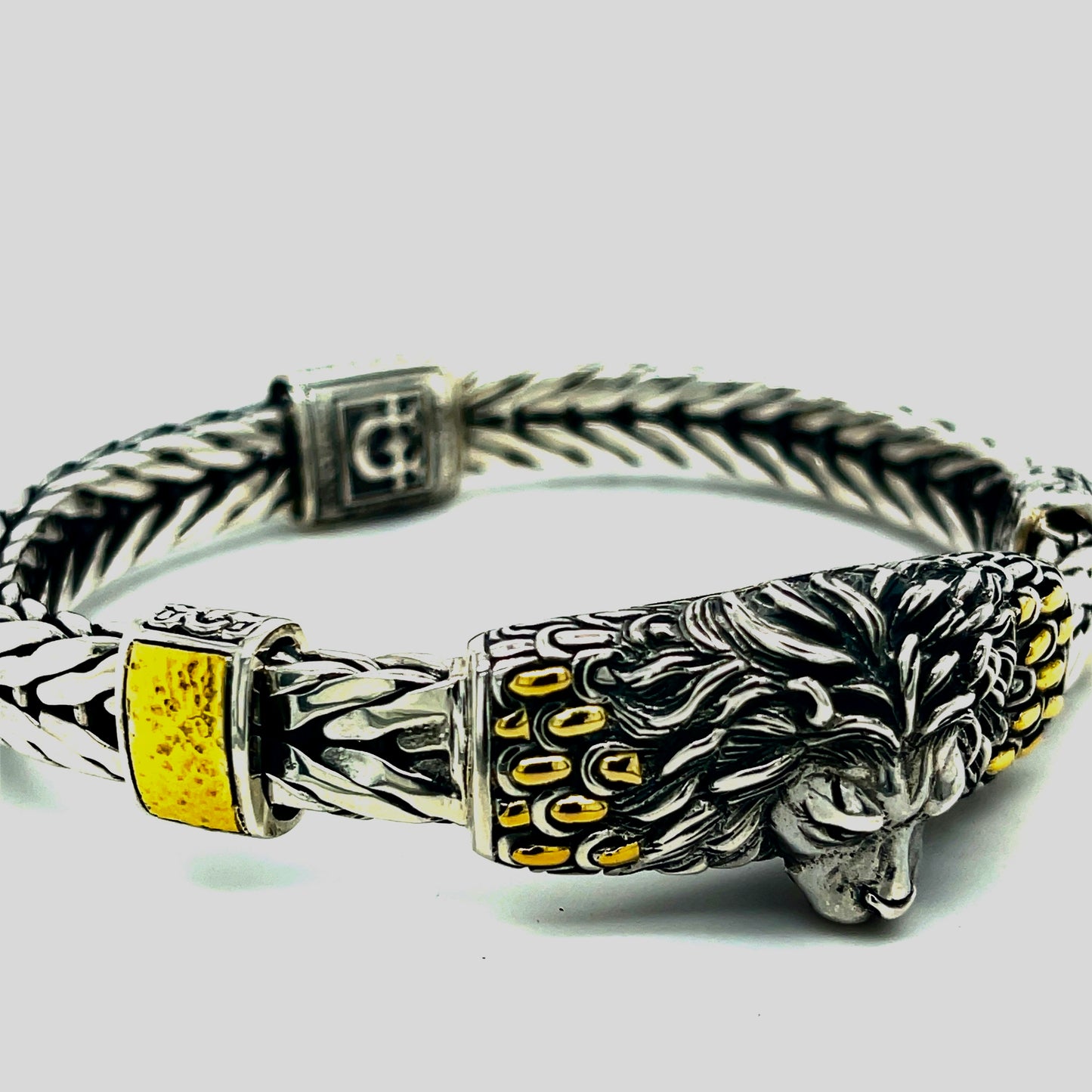 Silver gold woven link Lion bracelet