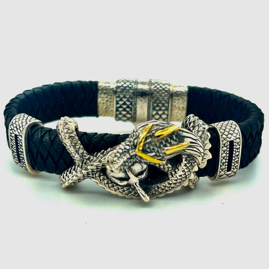 Silver gold and Leather Dragon bracelet