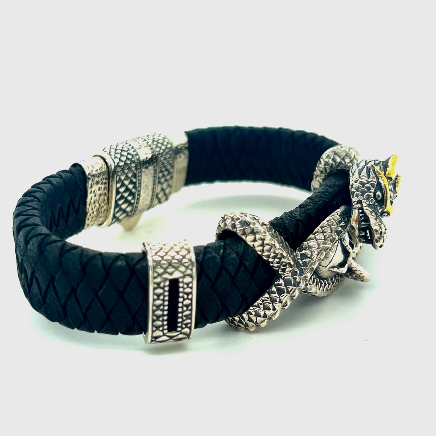Silver gold and Leather Dragon bracelet