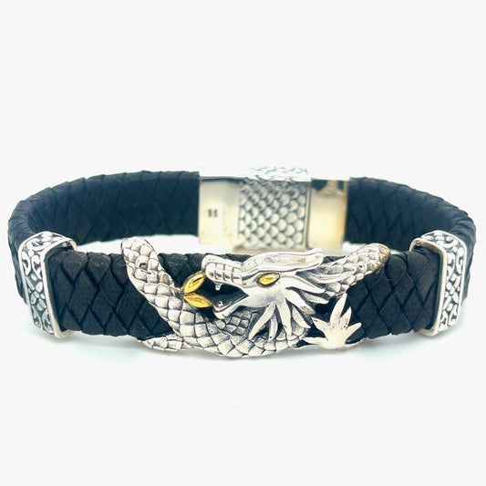 Silver, Gold and Leather Dragon bracelet