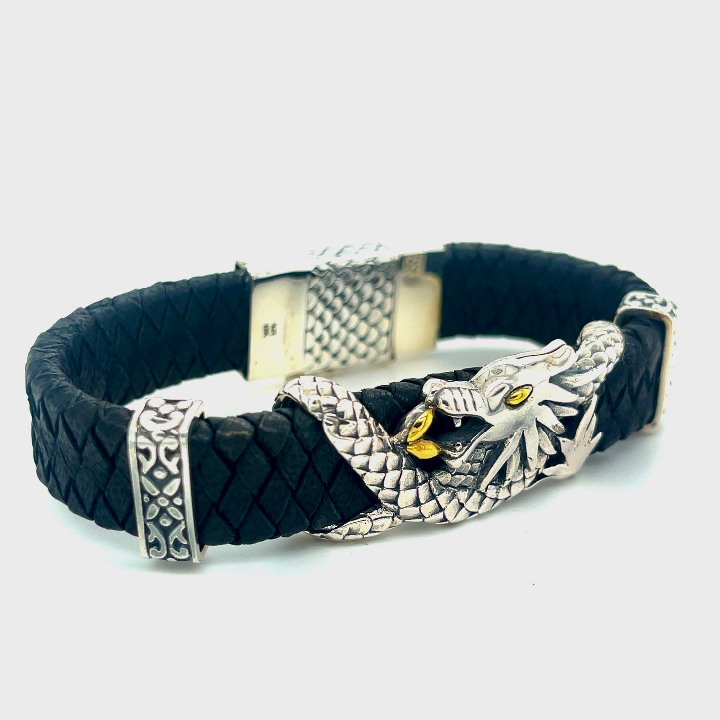 Silver, Gold and Leather Dragon bracelet