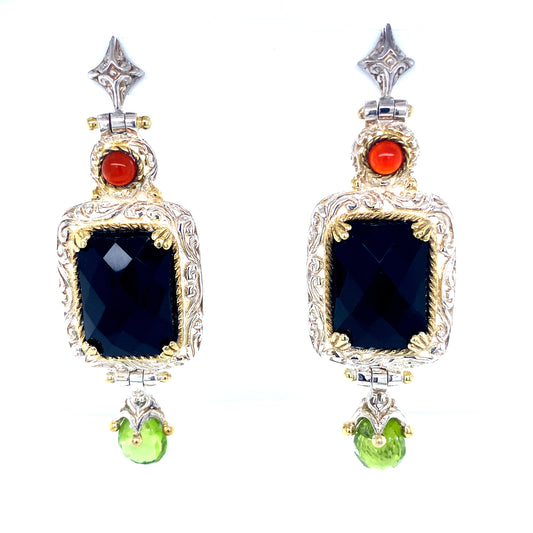 SED 109 Silver onyx and coral and peridot earrings