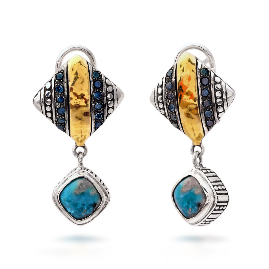 Silver gold earrings with pave blue diamonds &hanging Turquoise cli[p on