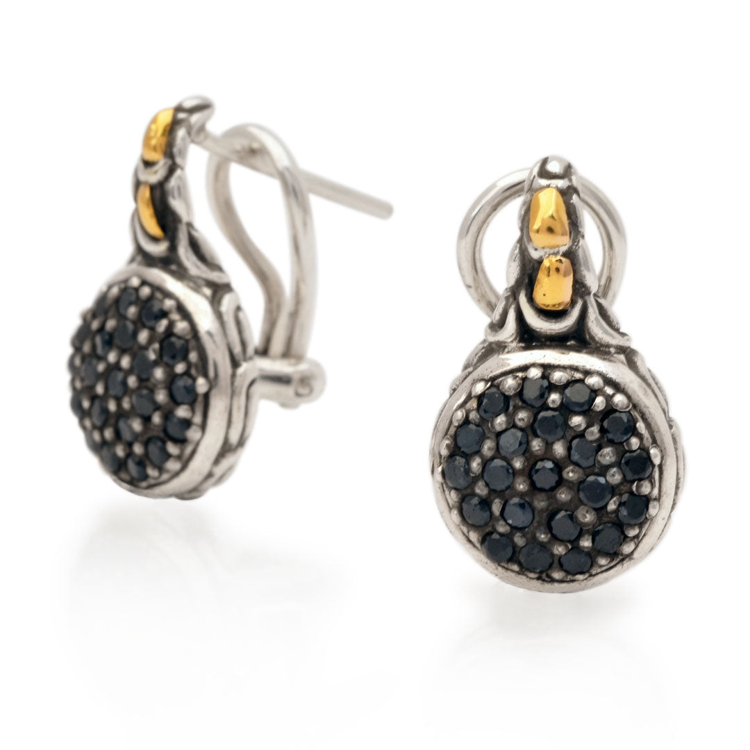 Silver gold hanging clip on earrings with pave black sapphires