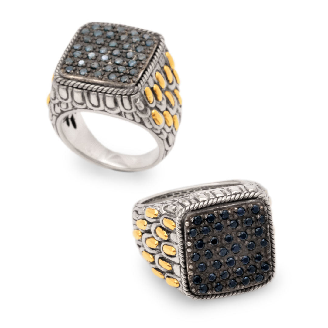 Silver gold sgure ring with pave blue diamonds