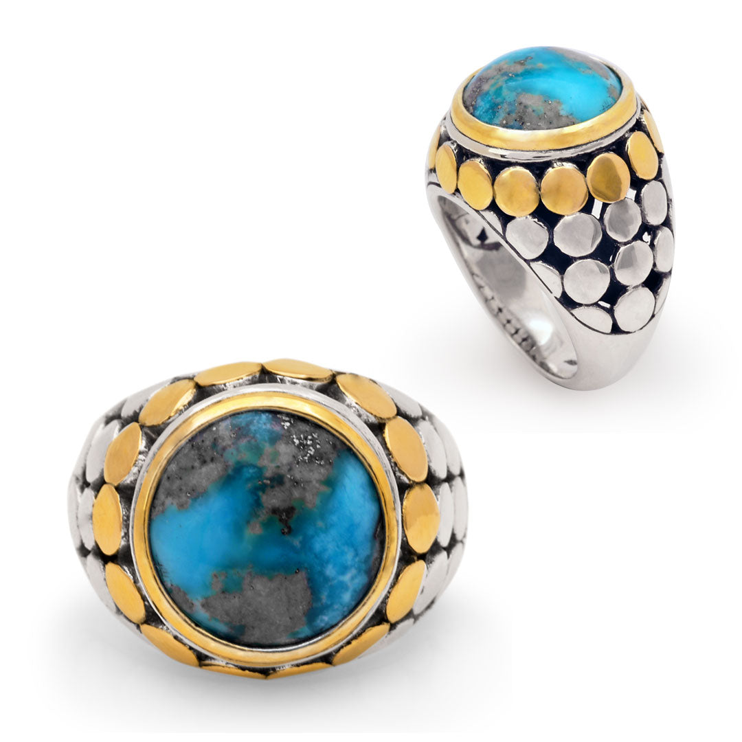 Silver gold ring with round Turquoise center