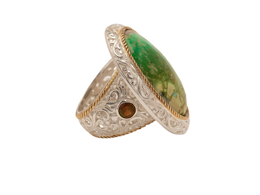 SRD 107- Silver ring with large Turquiose and PS garnets