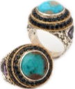 Silver gold ring with turquoise black sapphire