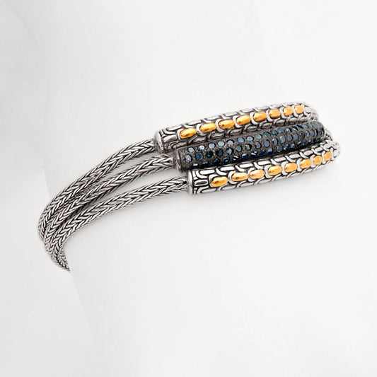 Silver gold 2 row chain bracelet with blue diamonds