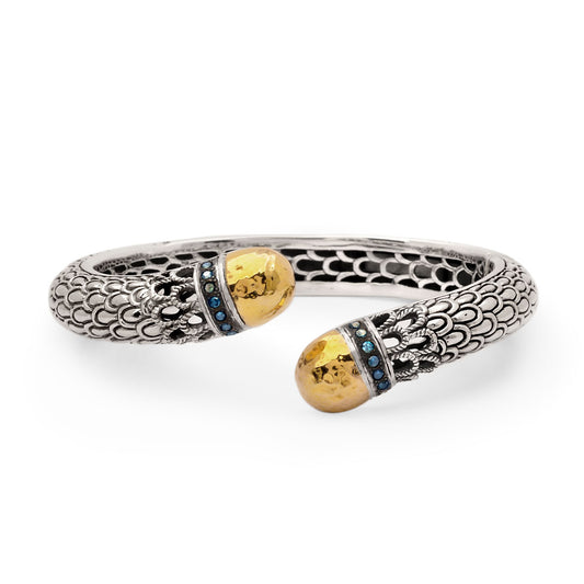 Silver gold bangle bracelet with blue diamonds