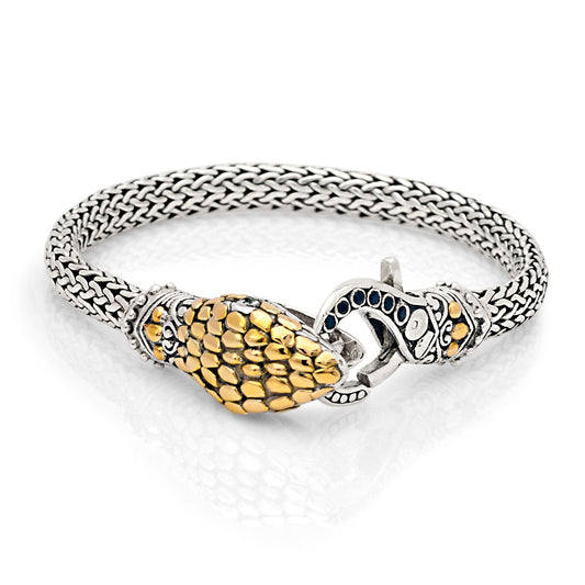 Silver gold snake bracelet with black sapphires