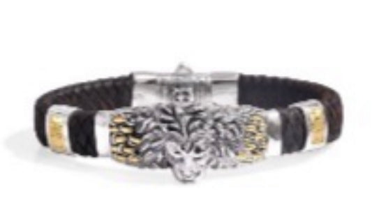 Silver gold black cord lions head bracelet