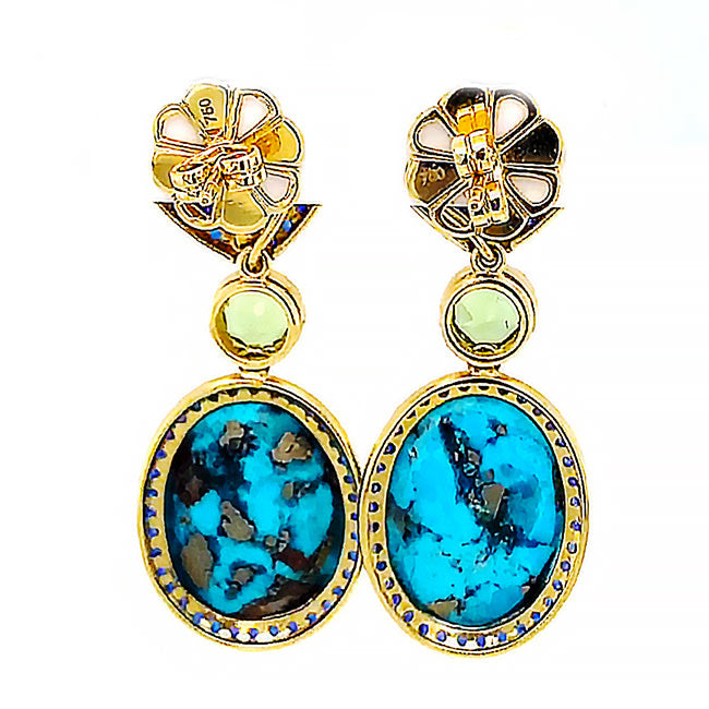 18 kt yellow gold hanging earrings with Cabachon Tanzanites, Persian Turquoise and Sapphires