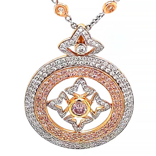 18 kt Rose gold & white gold necklace with natural pink diamond center GIA cert and pink and white diamonds