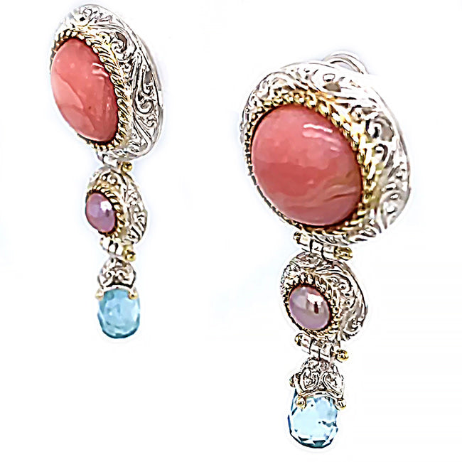 Coral & Pearl & Aqua Silver Earrings