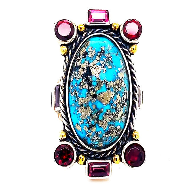 DJZ 102- Rear Persian Turquoise Turmaline large ring large Silver ring with Persian Turquoise & Garnets & Turmaline size 7