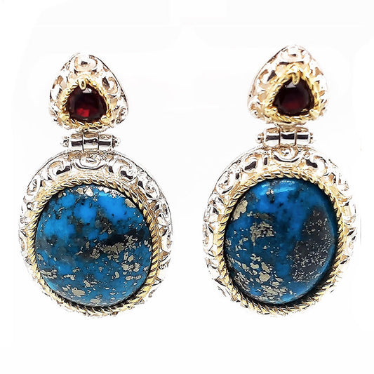 Turquoise & Garnet Silver and 18 Kt Gold Earrings